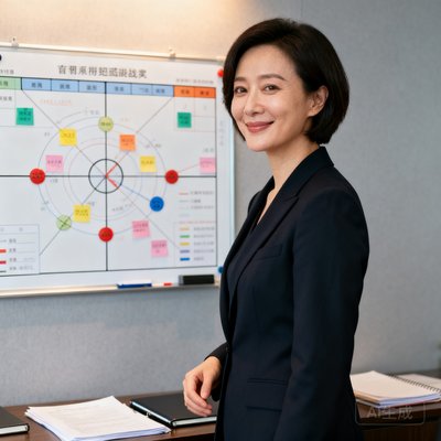 李娜，产品总监，短发职业女性，站在战术板前微笑。